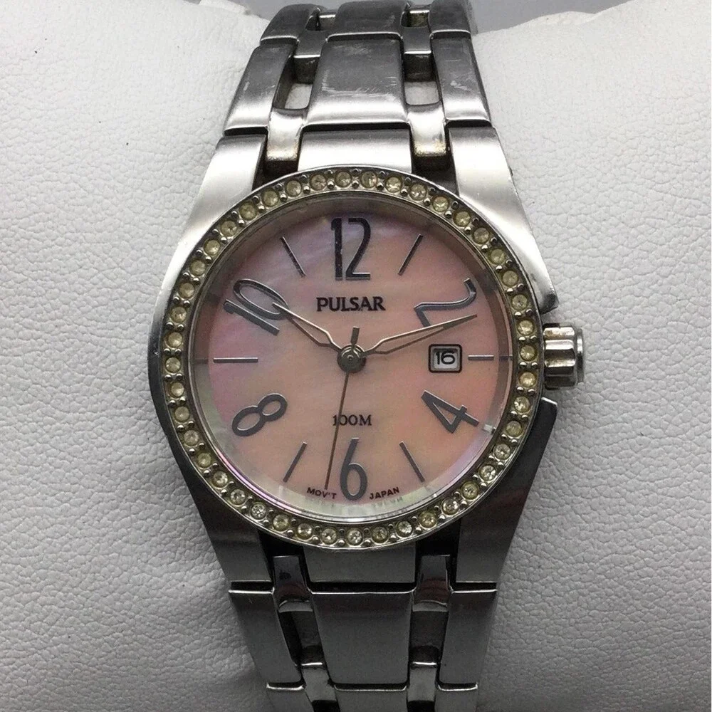Pulsar Womens Watch 27mm Pink MOP Dial Crystal Bezel V8X2-X393 Date 6.25